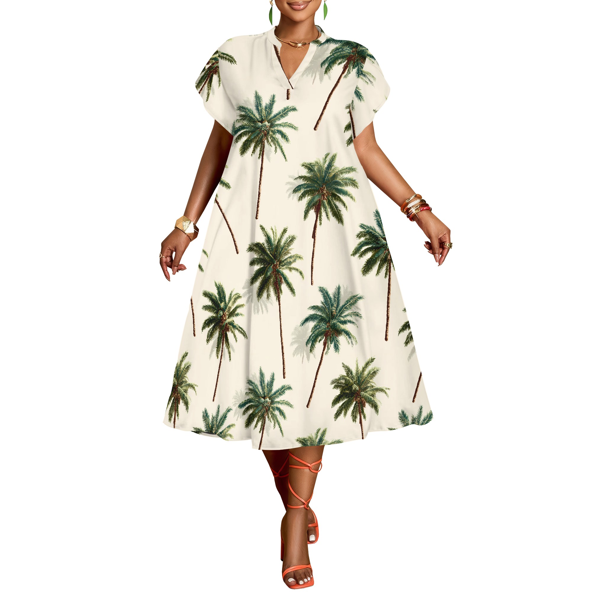 Palm Tree Print V-Neck Dress,  - Summer Clothing Resort review and price